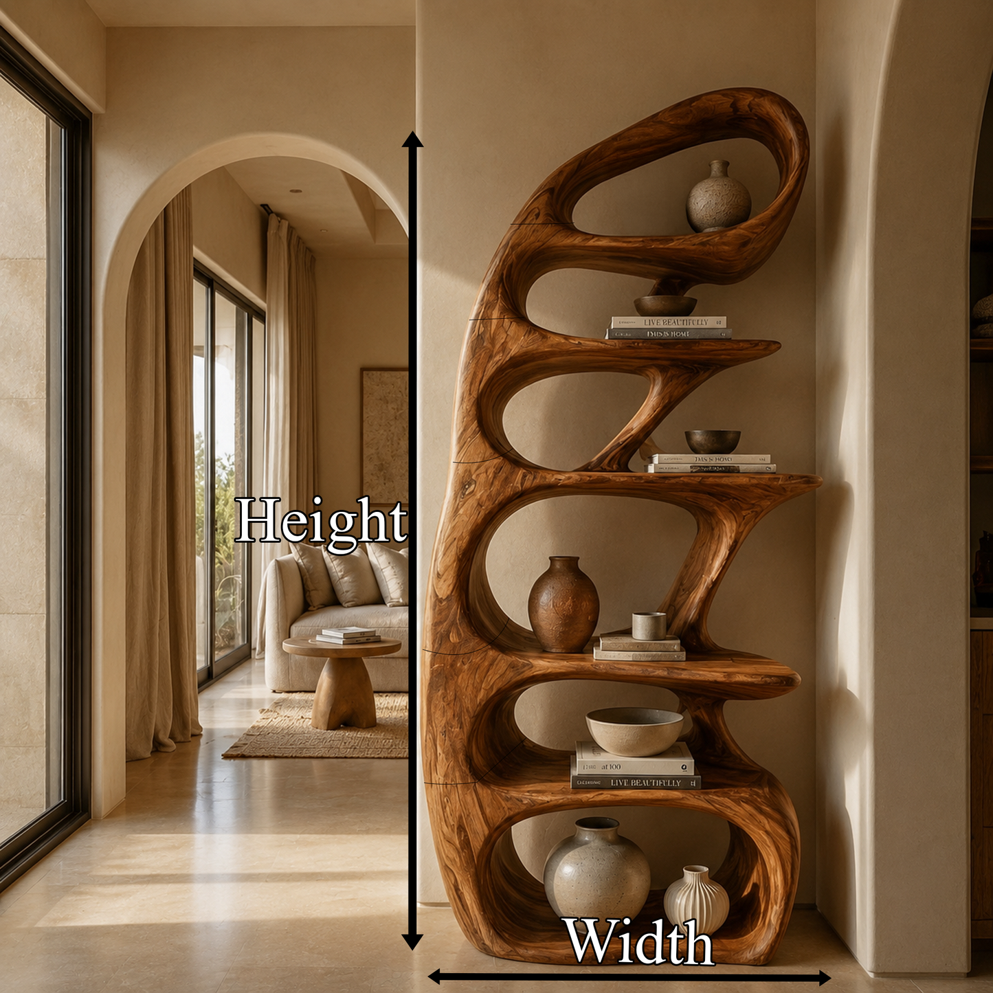 Sculptural Bookshelf With Tree Inspired Curved Shelves And Solid Wood Frame For Living Room
