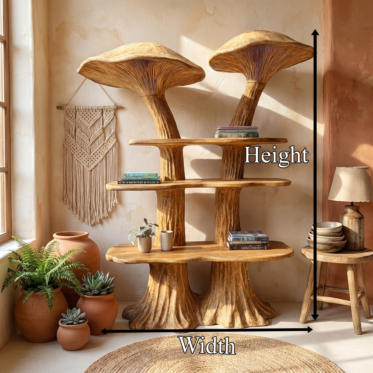 Rustic Mushroom Bookshelf With Handcrafted Solid Wood Shelves For Living Room