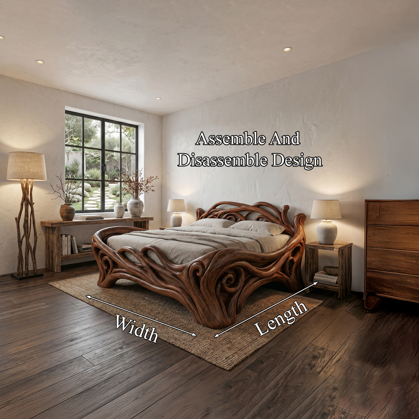 Organic Sculptural Bed Frame With Flowing Root Inspired Wood Design For Bedroom