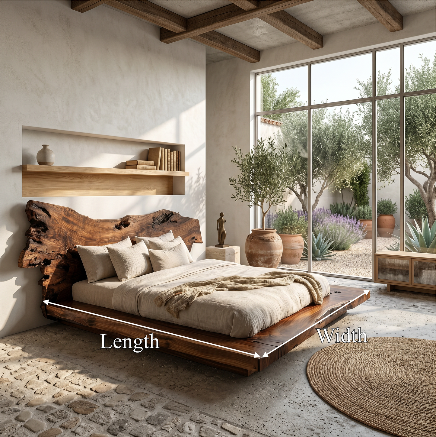 Contemporary Low Profile Bed Frame With Organic Wood Headboard For Bedroom