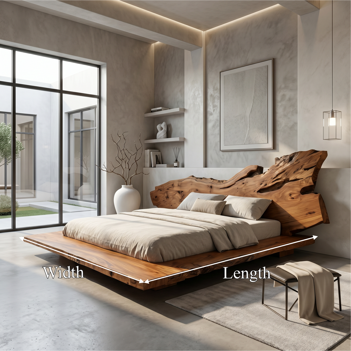 Modern Bed Frame With Live Edge Wood Headboard For Bedroom