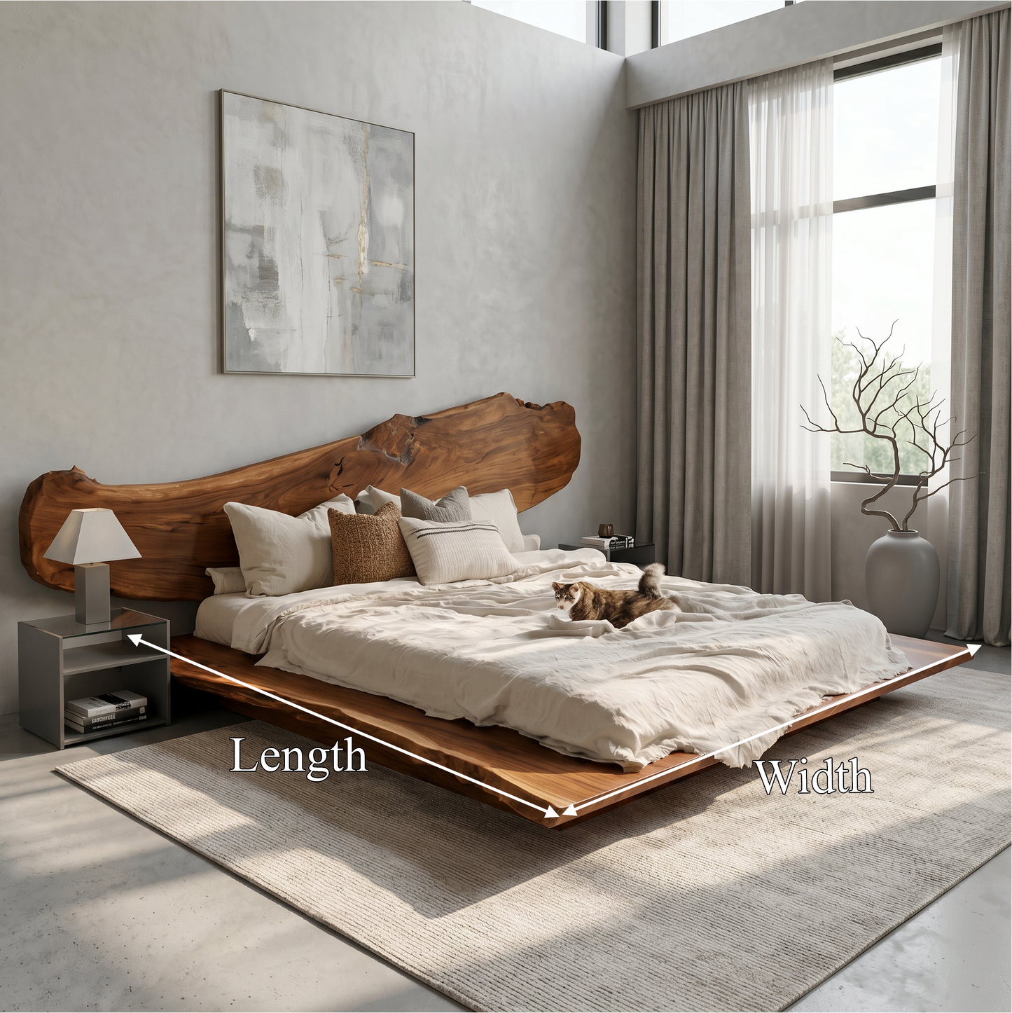 Luxury Organic Bed Frame With Sculptural Solid Wood Headboard And Floating Platform Design For Bedroom