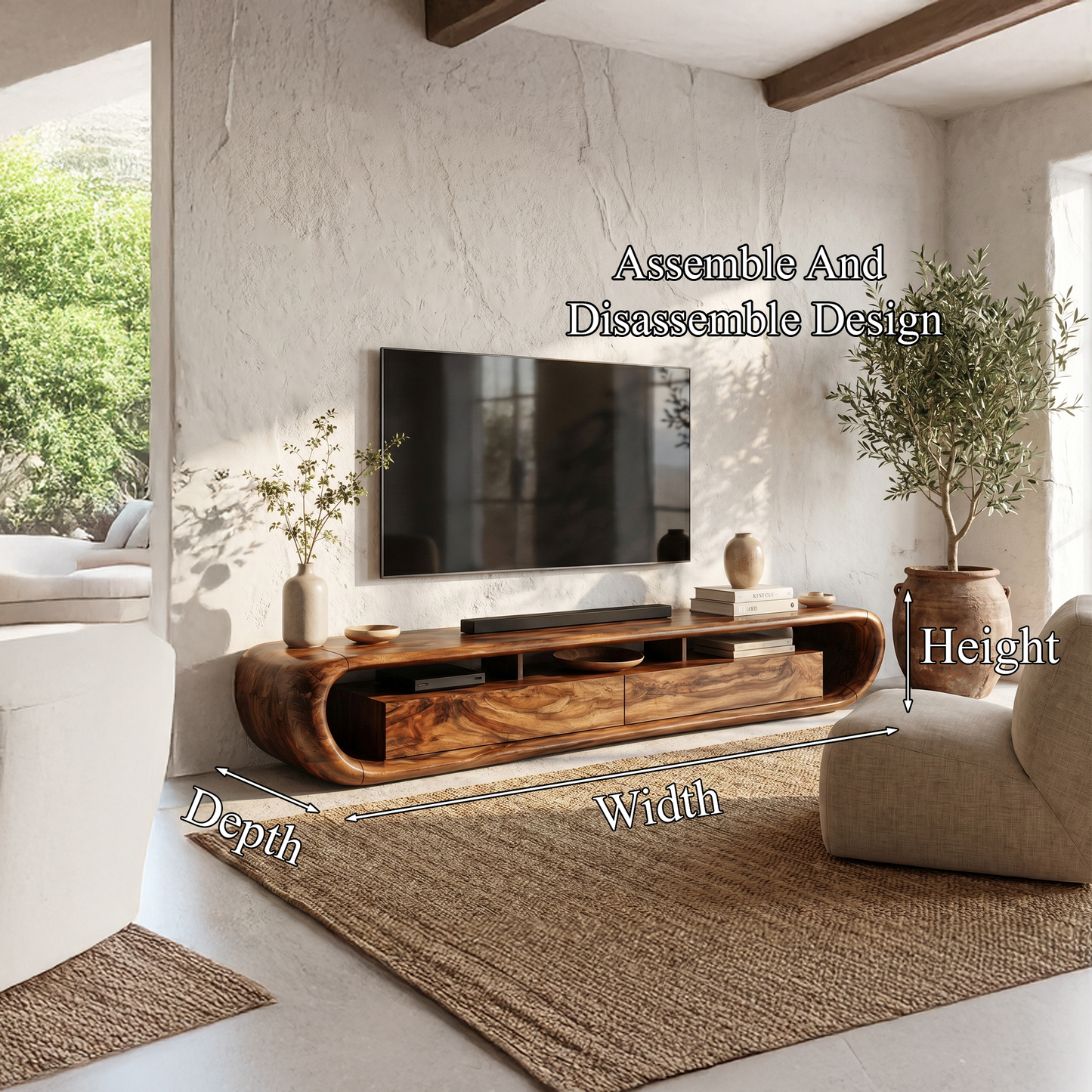 Organic TV Cabinet With Built In Storage And Rounded Curved Edges For Living Room