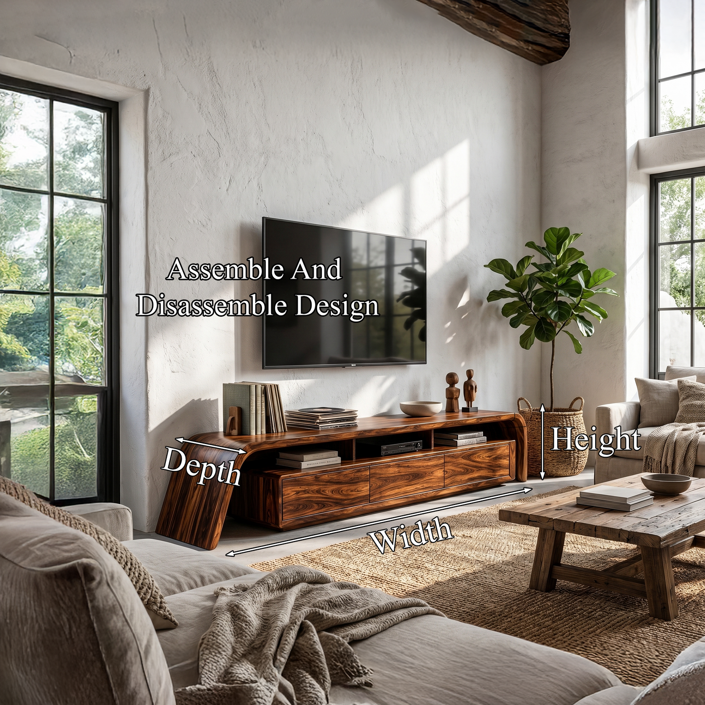 Modern TV Cabinet With Built In Storage And Rounded Curved Edges For Living Room