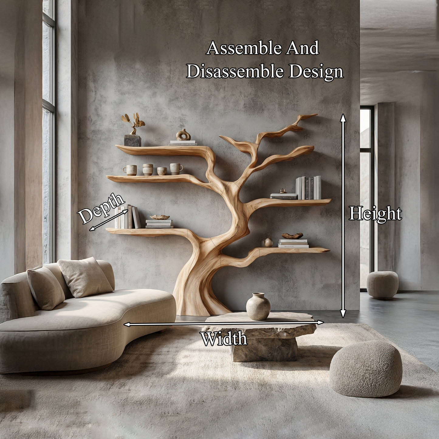 Nature Inspired Tree Bookshelf With Floating Wooden Shelves For Living Room Decor