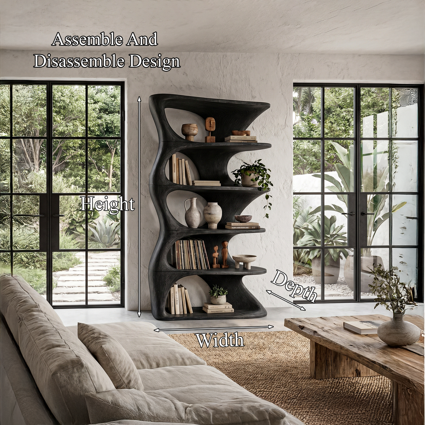 Organic Sculptural Wall Mounted Bookshelf With Curved Floating Shelves For Living Room