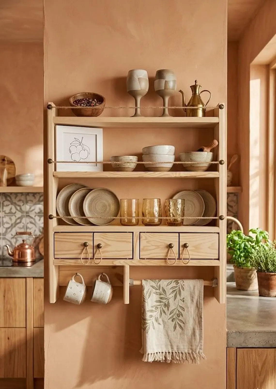Farmhouse Spice Rack Wall Shelf with Drawers and Mug Holder