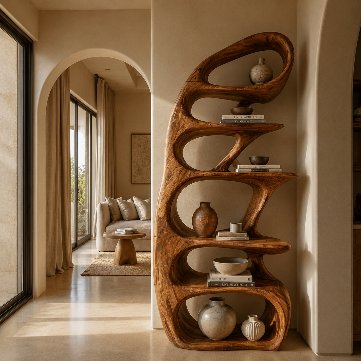 Sculptural Bookshelf With Tree Inspired Curved Shelves And Solid Wood Frame For Living Room