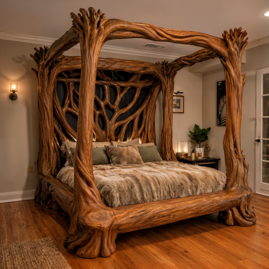 Organic Sculptural Canopy Bed With Handcrafted Tree Branch Wood Frame For Bedroom Decor