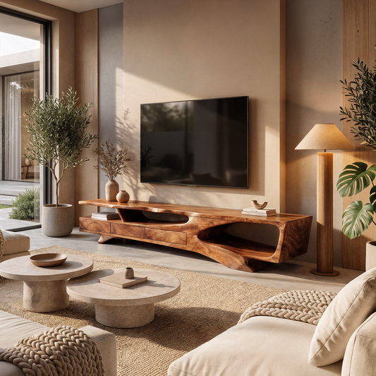 Rustic Organic TV Cabinet With Sculptural Solid Wood Base For Living Room