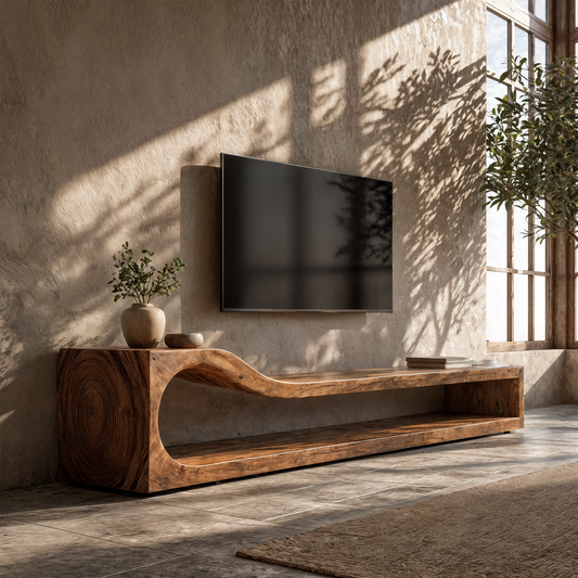 Organic TV Cabinet With Sculptural Wave Wood Base And Solid Wood Media Console For Living Room