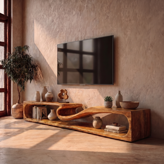 Minimalist TV Cabinet With Rounded Edge Wood Frame And Open Storage Design For Living Room