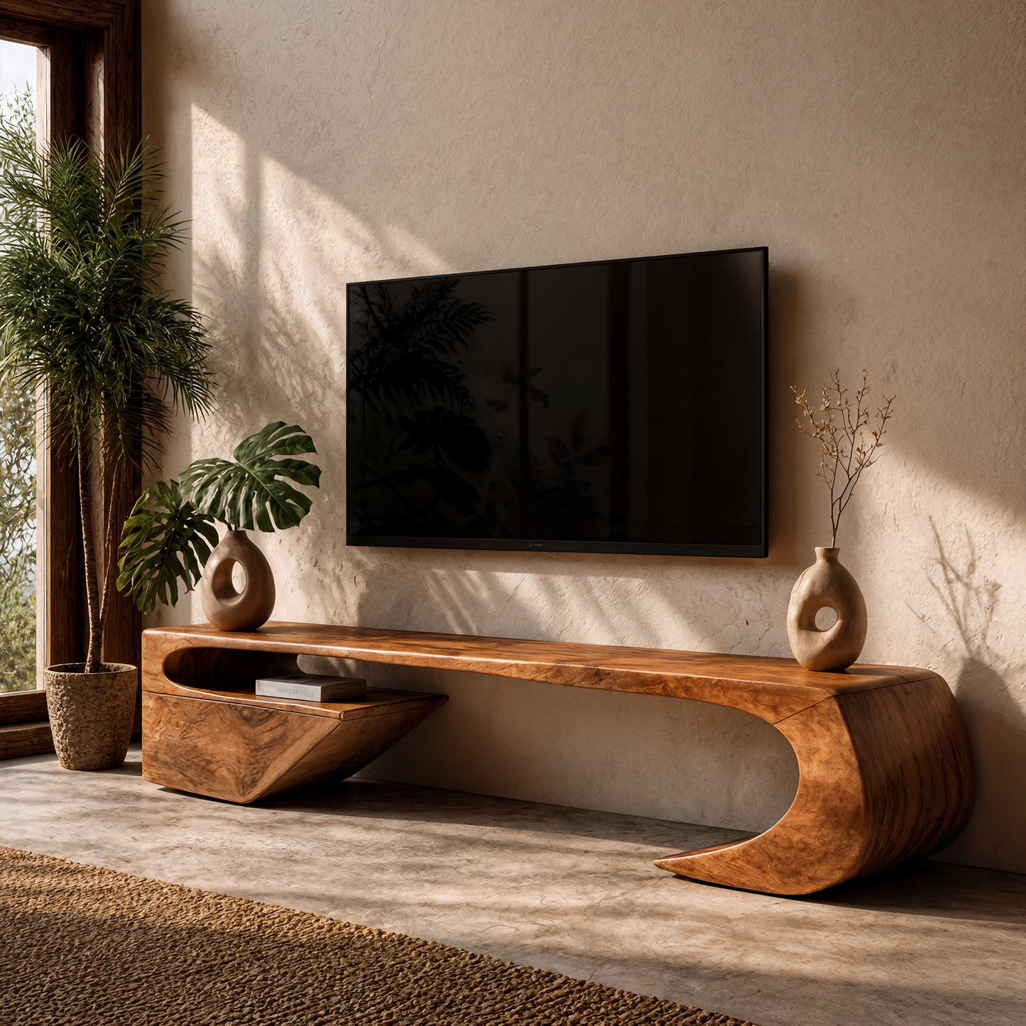 Japandi TV Cabinet With Sculptural Curved Wood Base And Solid Wood Media Console For Living Room