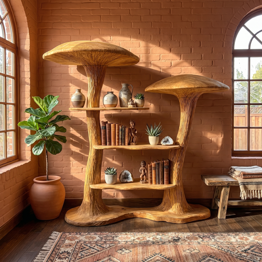 Organic Modern Mushroom Bookcase With Sculptural Solid Wood Form For Living Room