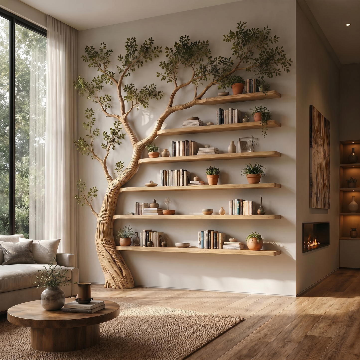 Rustic Tree Display Shelf Modern Living Room
