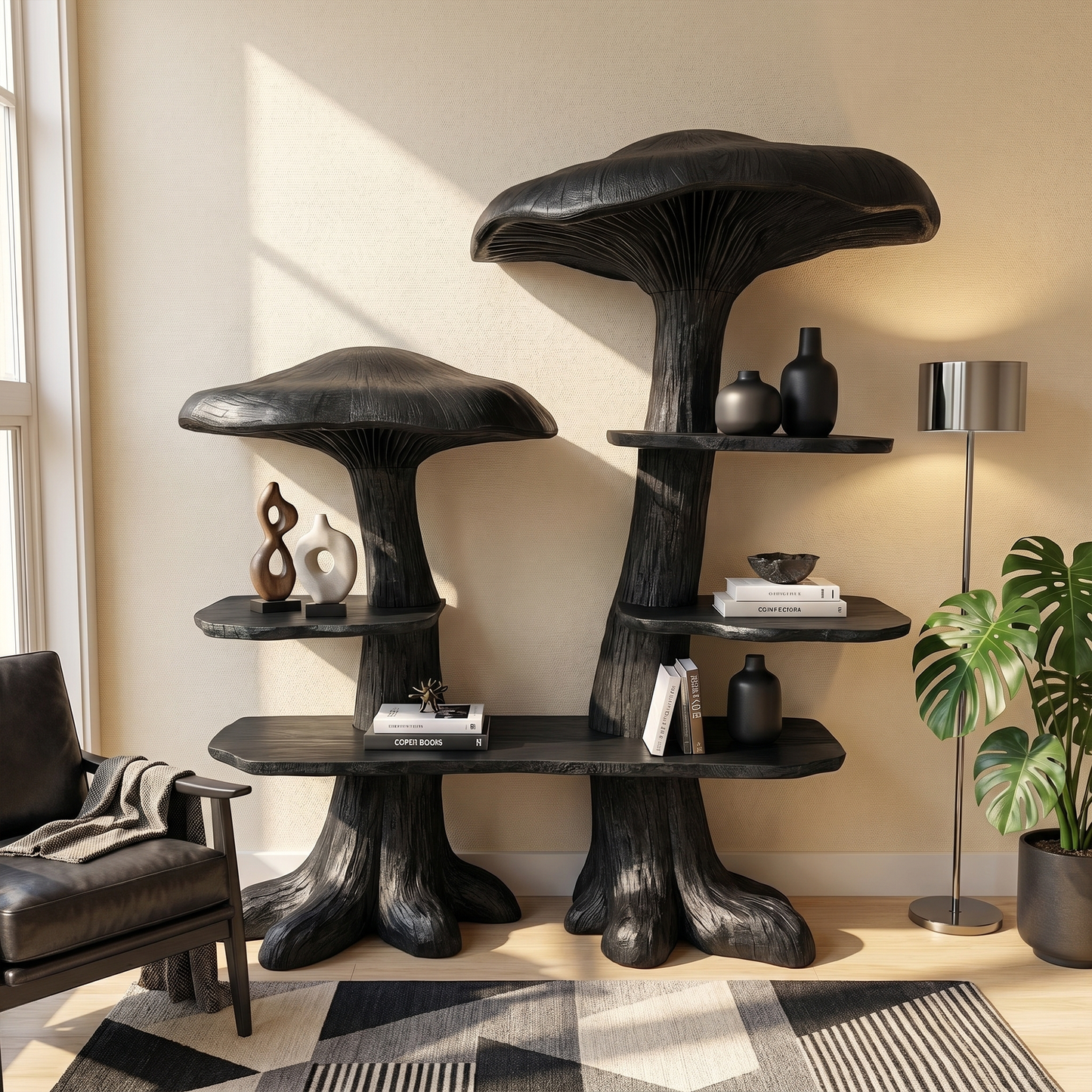 Nature Inspired Mushroom Bookshelf With Open Display Storage For Living Room