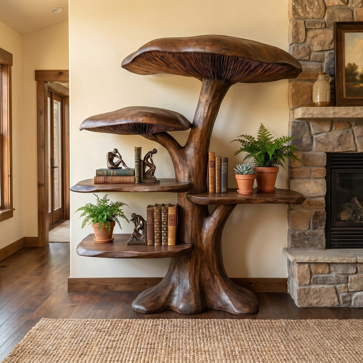 Organic Mushroom Shelf With Sculptural Solid Wood Form For Living Room