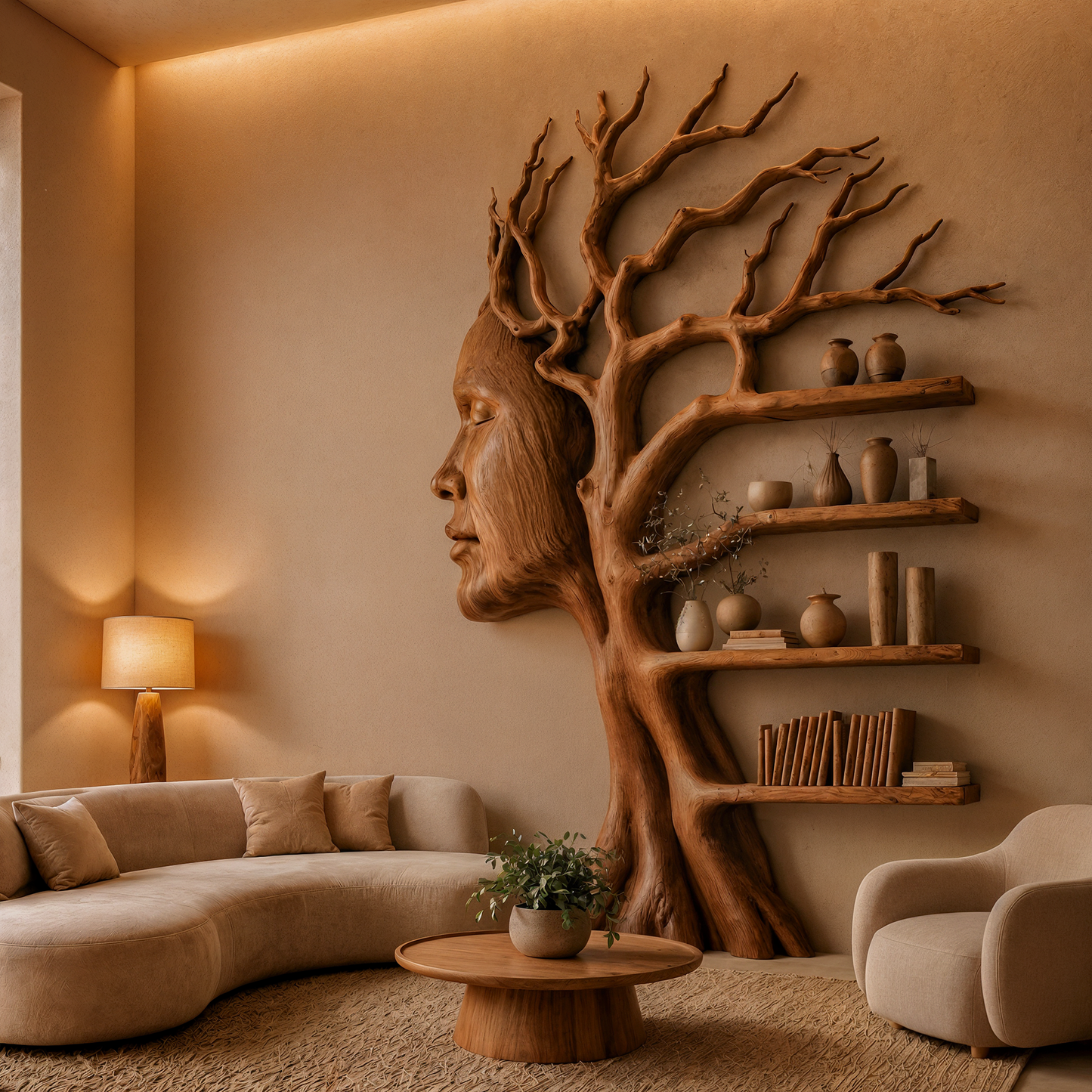 Fantasy Tree Bookshelf With Sculptural Face Design And Integrated Branch Shelves For Living Room