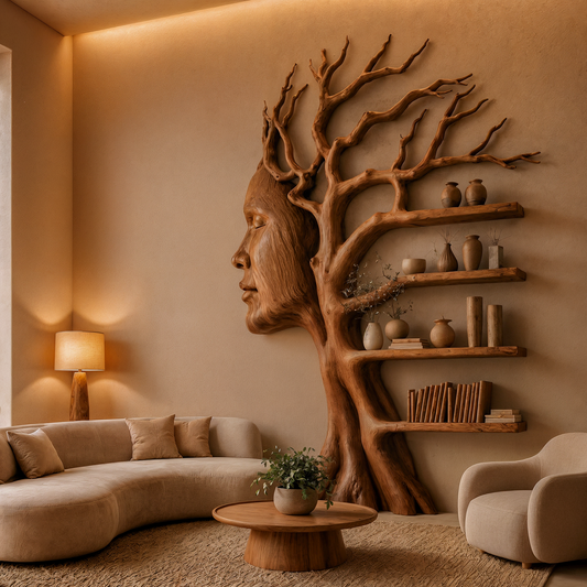 Fantasy Tree Bookshelf With Sculptural Face Design And Integrated Branch Shelves For Living Room