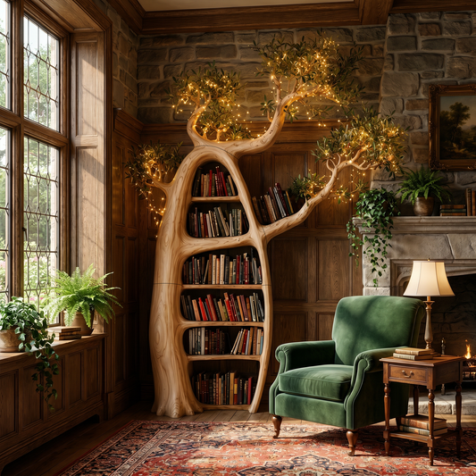 Artistic Tree Bookshelf With Illuminated Branch Crown For Living Room