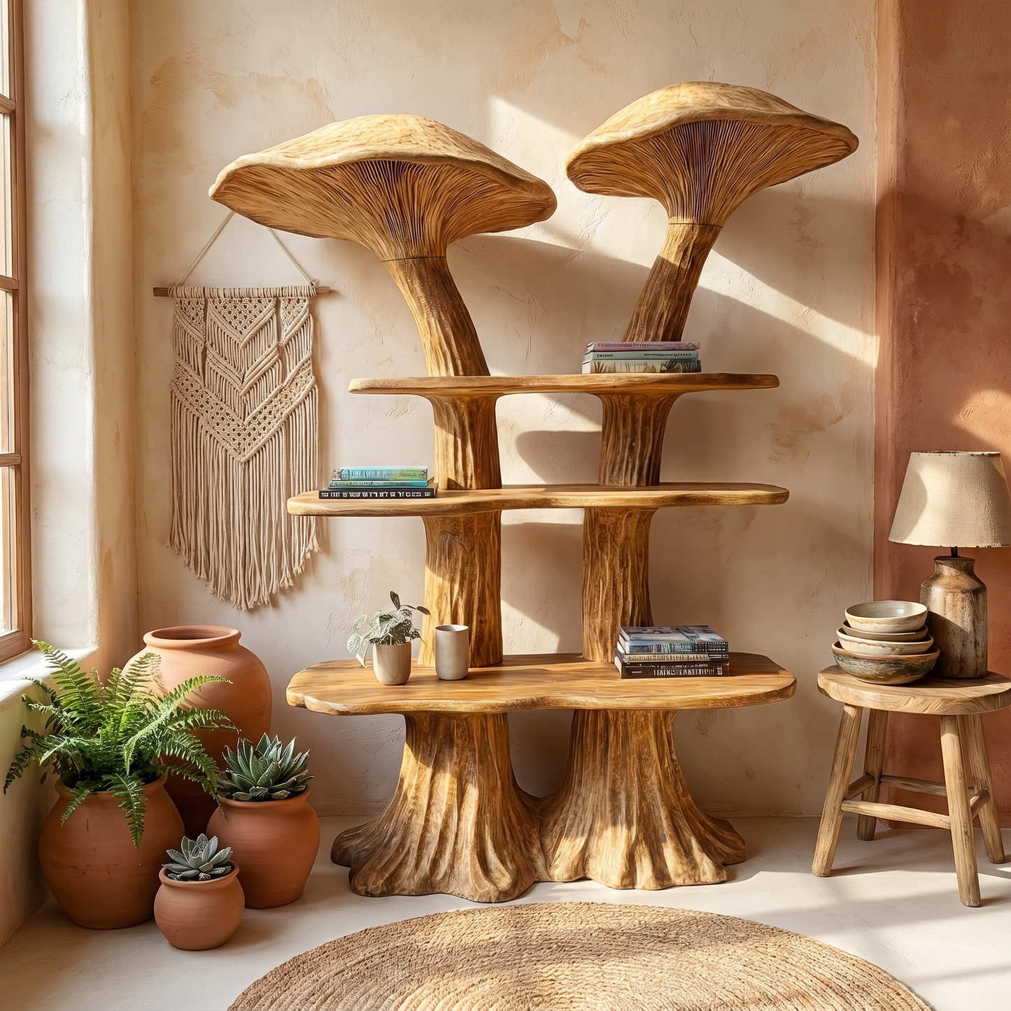 Rustic Mushroom Bookshelf With Handcrafted Solid Wood Shelves For Living Room