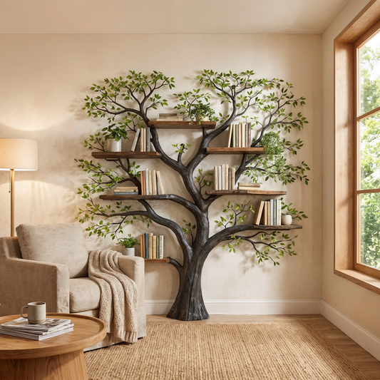 Handcrafted Tree Storage Bookcase Living Room Interior Living Wall Feature