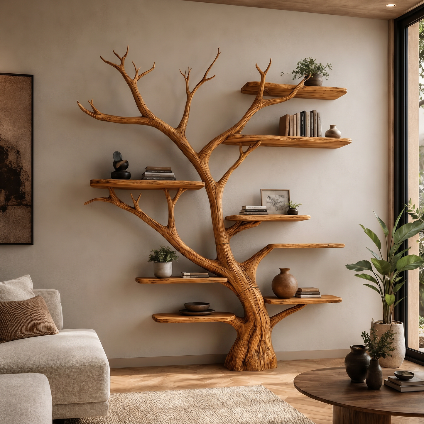 Rustic Tree Wall Bookshelf Entryway Study