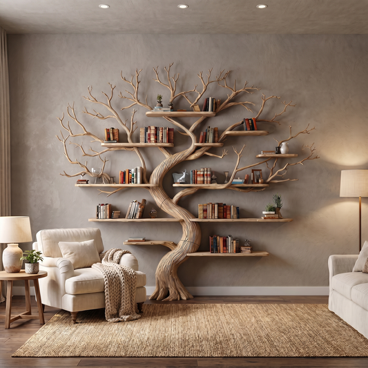 Rustic Tree Wall Bookshelf Bedroom Lounge