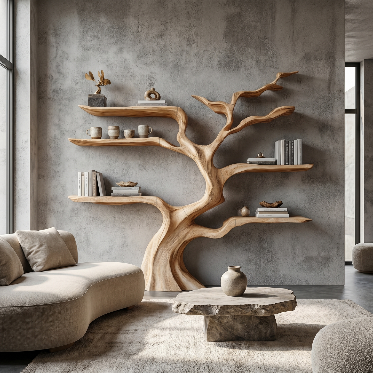 Nature Inspired Tree Bookshelf With Floating Wooden Shelves For Living Room Decor