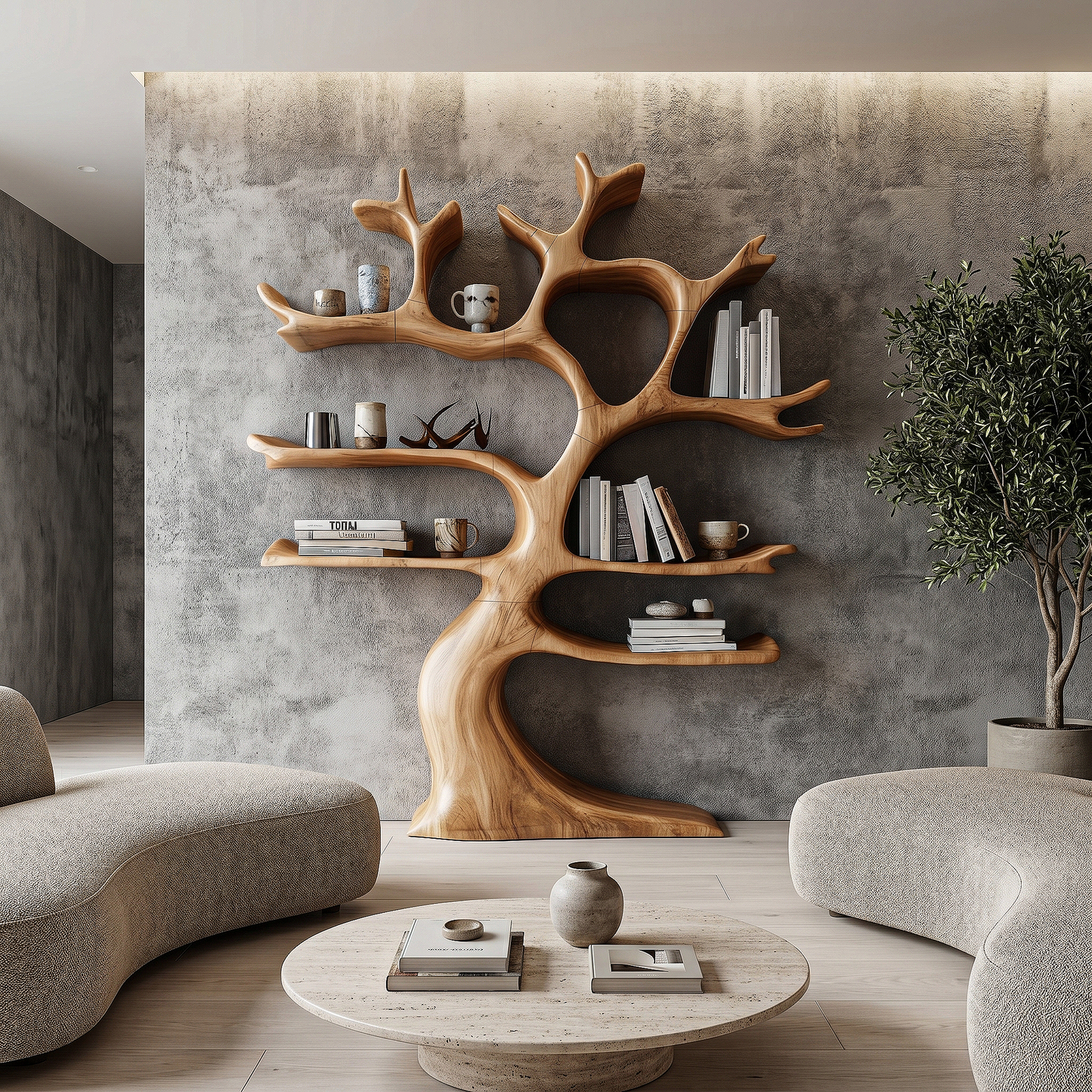 Organic Modern Tree Wall Shelf With Branch Inspired Storage For Living Room