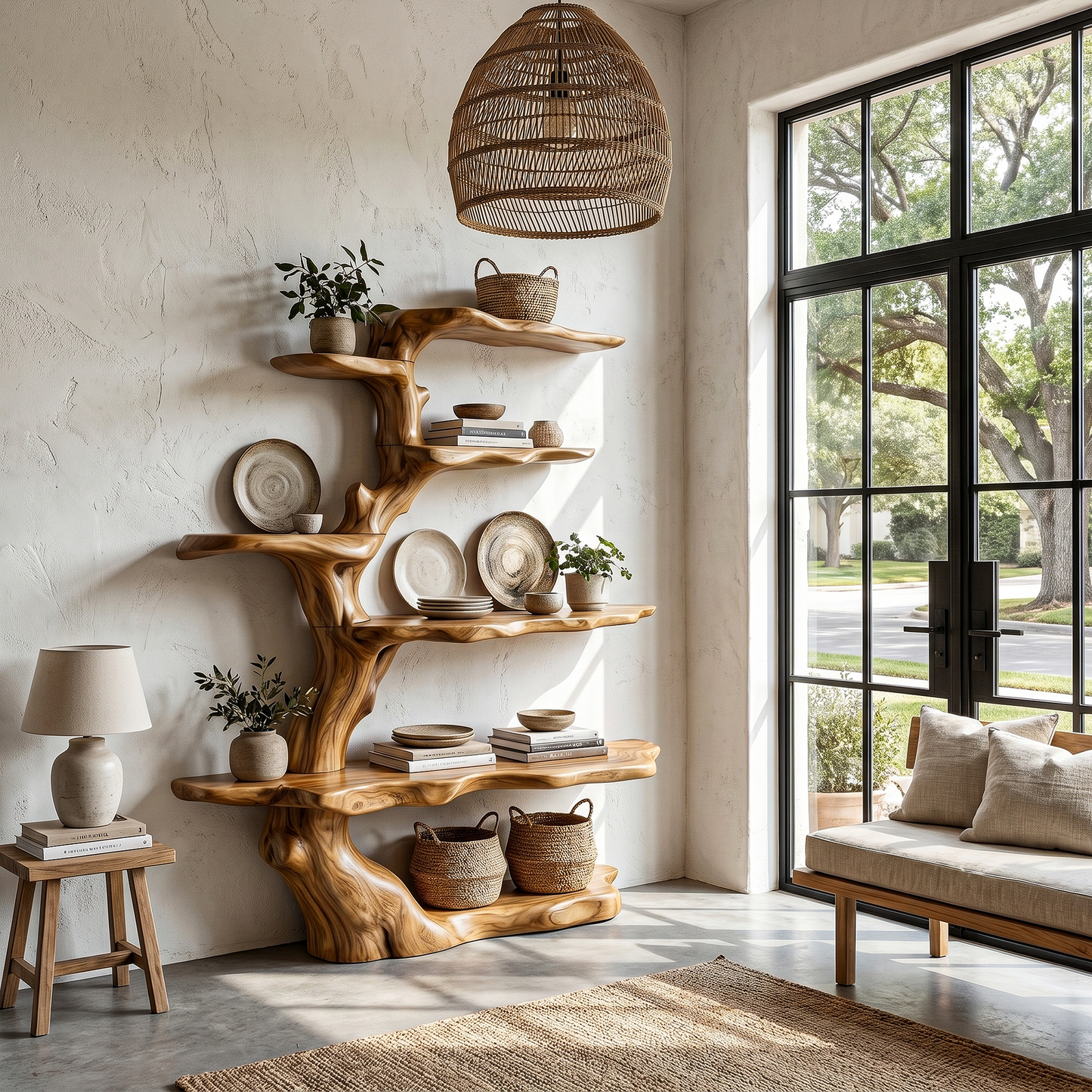 Sculptural Tree Bookshelf Natural Wood Storage For Reading Nook