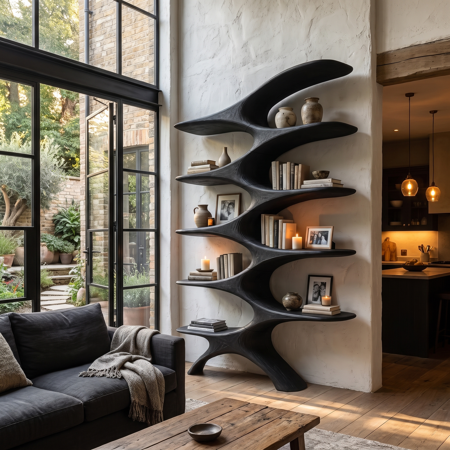 Sculptural Wall Bookcase With Organic Multi Tier Shelves For Living Room