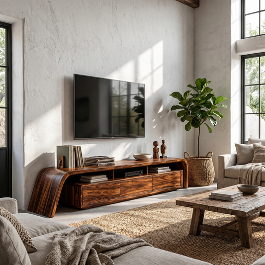 Modern TV Cabinet With Built In Storage And Rounded Curved Edges For Living Room