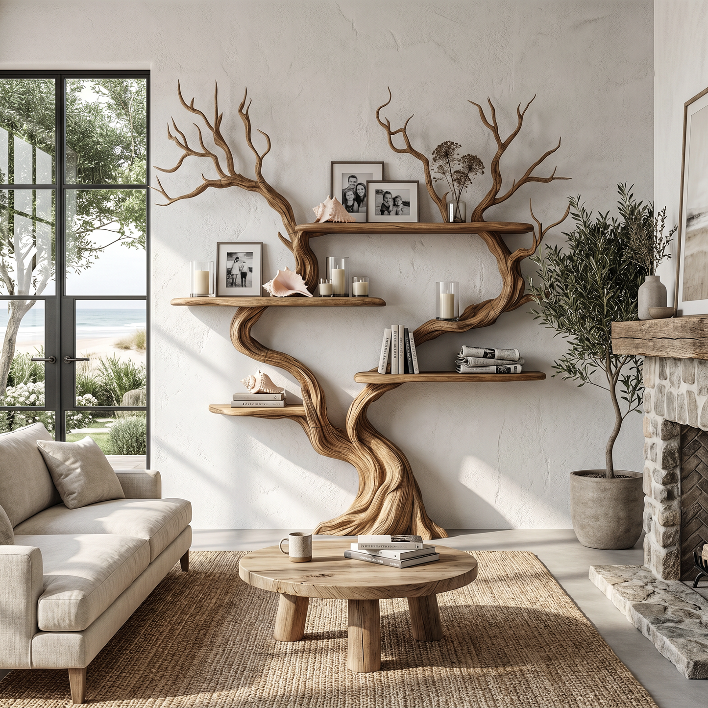 Organic Tree Wall Shelf With Multi Tier Display Shelves For Home