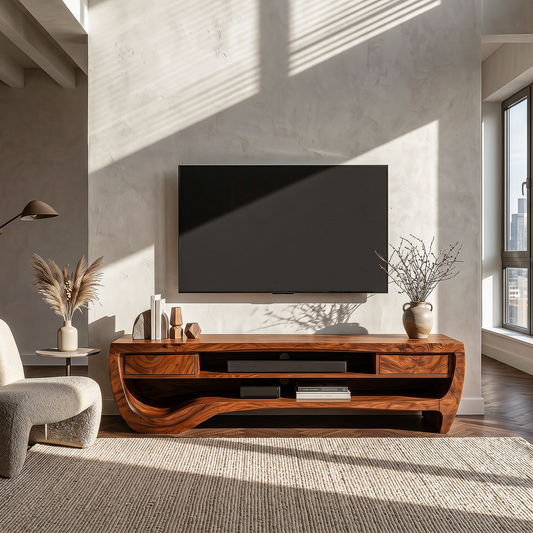 Organic TV Cabinet With Open Storage And Sculptural Curved Wood Design For Living Room