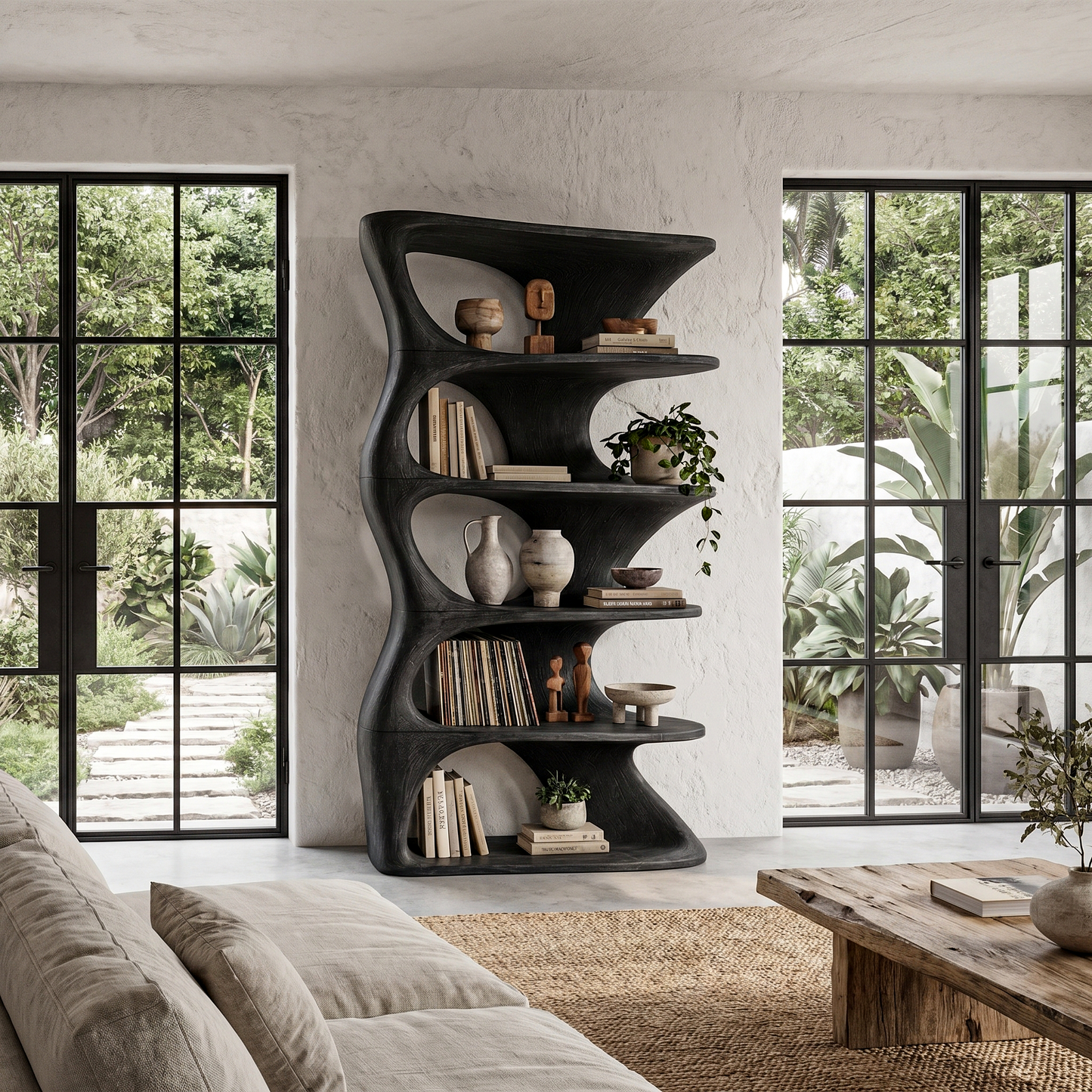 Organic Sculptural Wall Mounted Bookshelf With Curved Floating Shelves For Living Room