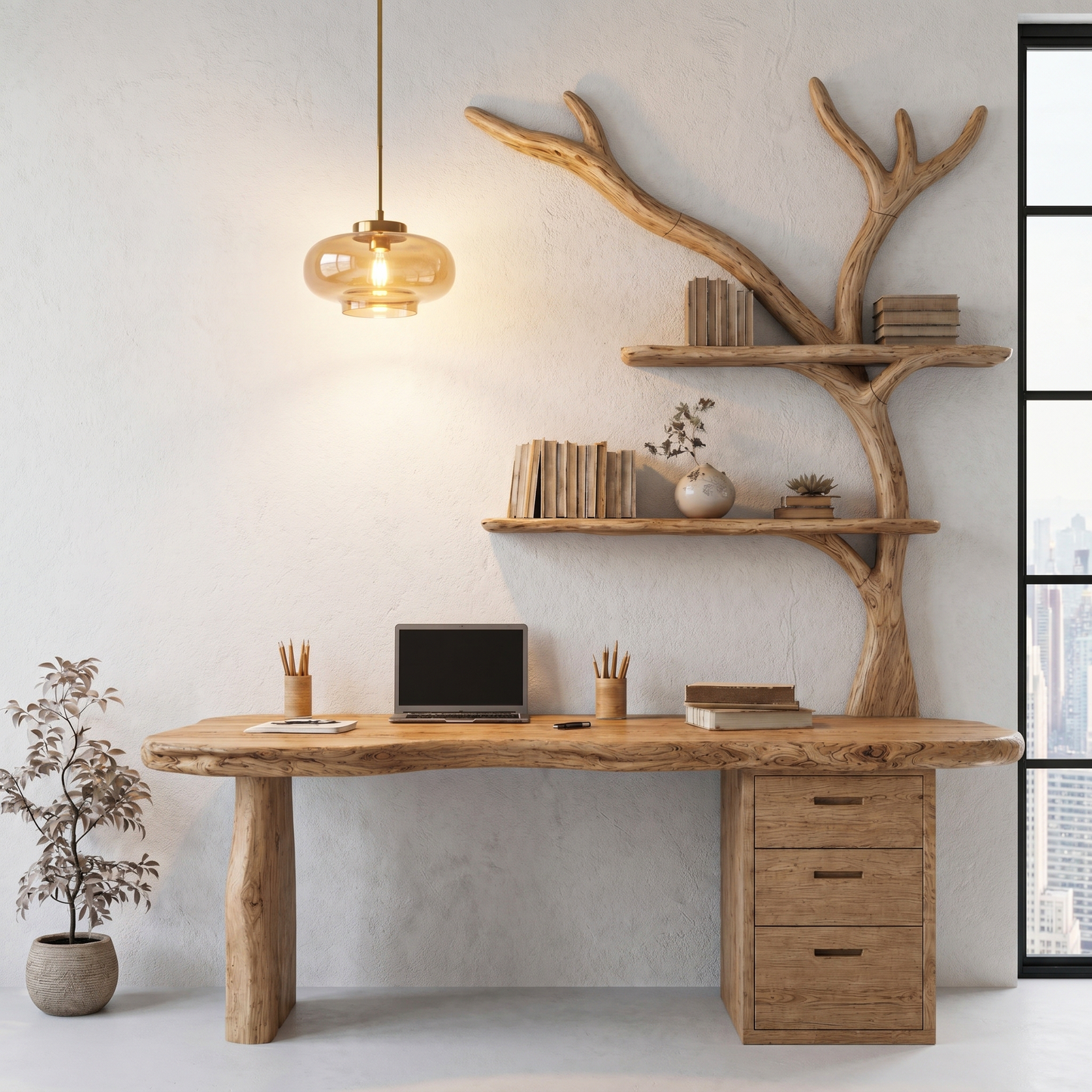 Organic Wooden Desk With Tree Branch Bookshelf And Built In Drawer Storage For Home Office And Workspace