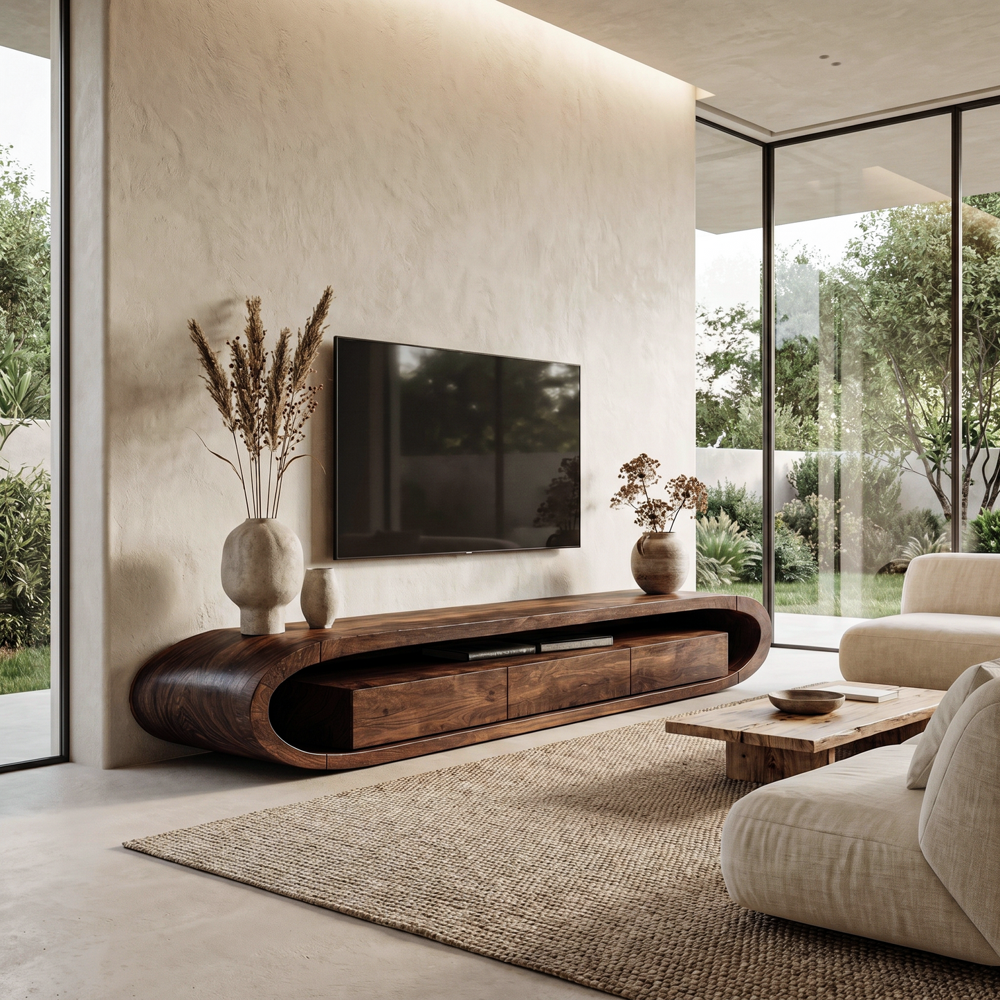 Organic TV Cabinet With Curved Solid Wood Design And Built In Drawer Storage For Living Room
