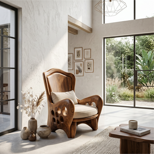 Organic Armchair With Sculptural Wood Frame For Living Room And Reading Nook