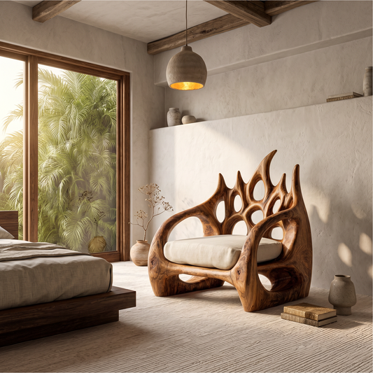 Contemporary Armchair With Organic Wood Silhouette For Living Room Decor