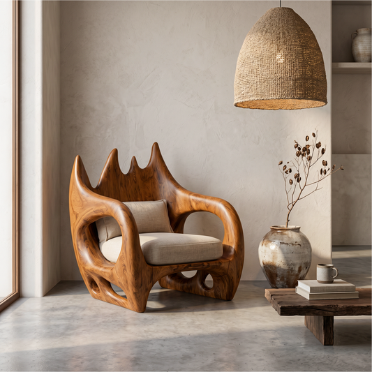 Statement Wooden Armchair With Nature Inspired Design For Reading Nook
