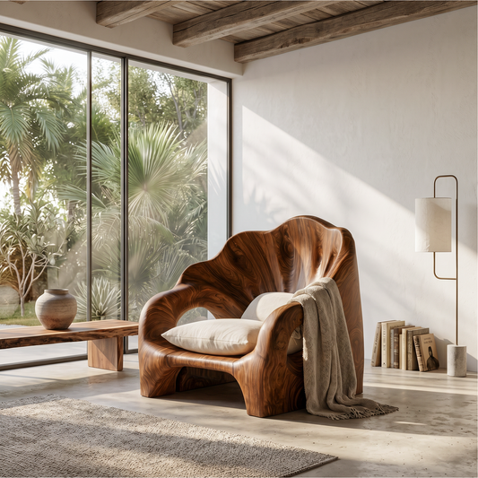 Organic Accent Chair With Artistic Wood Frame For Living Room