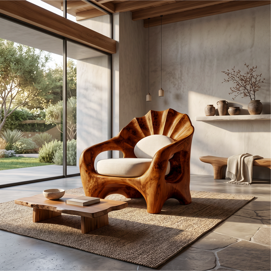 Nature Inspired Armchair With Sculptural Solid Wood Frame For Living Room And Bedroom