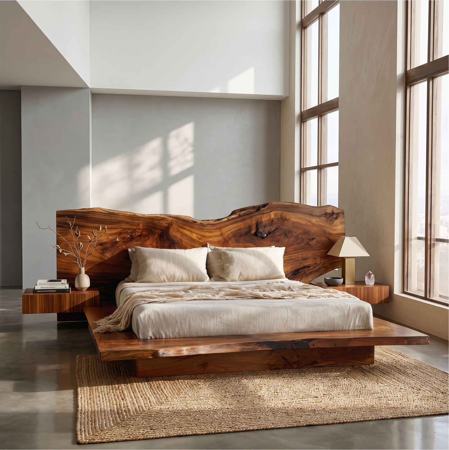Rustic Live Edge Bed Frame With Sculptural Headboard For Bedroom