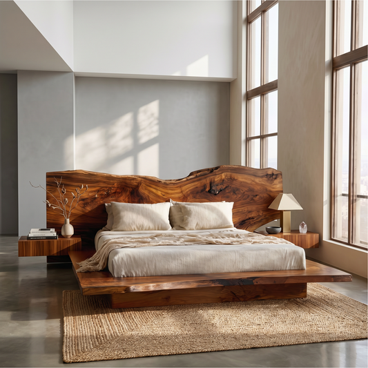 Rustic Live Edge Bed Frame With Sculptural Headboard For Bedroom