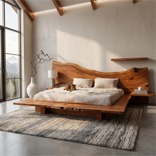 Minimalist Bed Frame With Organic Edge Headboard For Bedroom