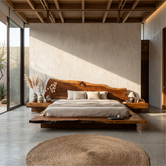 Organic Sculptural Bed Frame With Handcrafted Solid Wood Headboard And Floating Platform Design For Bedroom