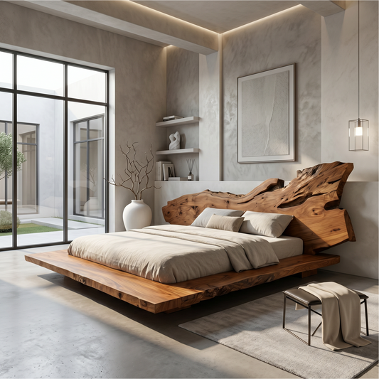 Modern Bed Frame With Live Edge Wood Headboard For Bedroom