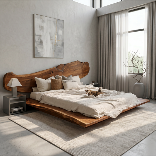 Luxury Organic Bed Frame With Sculptural Solid Wood Headboard And Floating Platform Design For Bedroom
