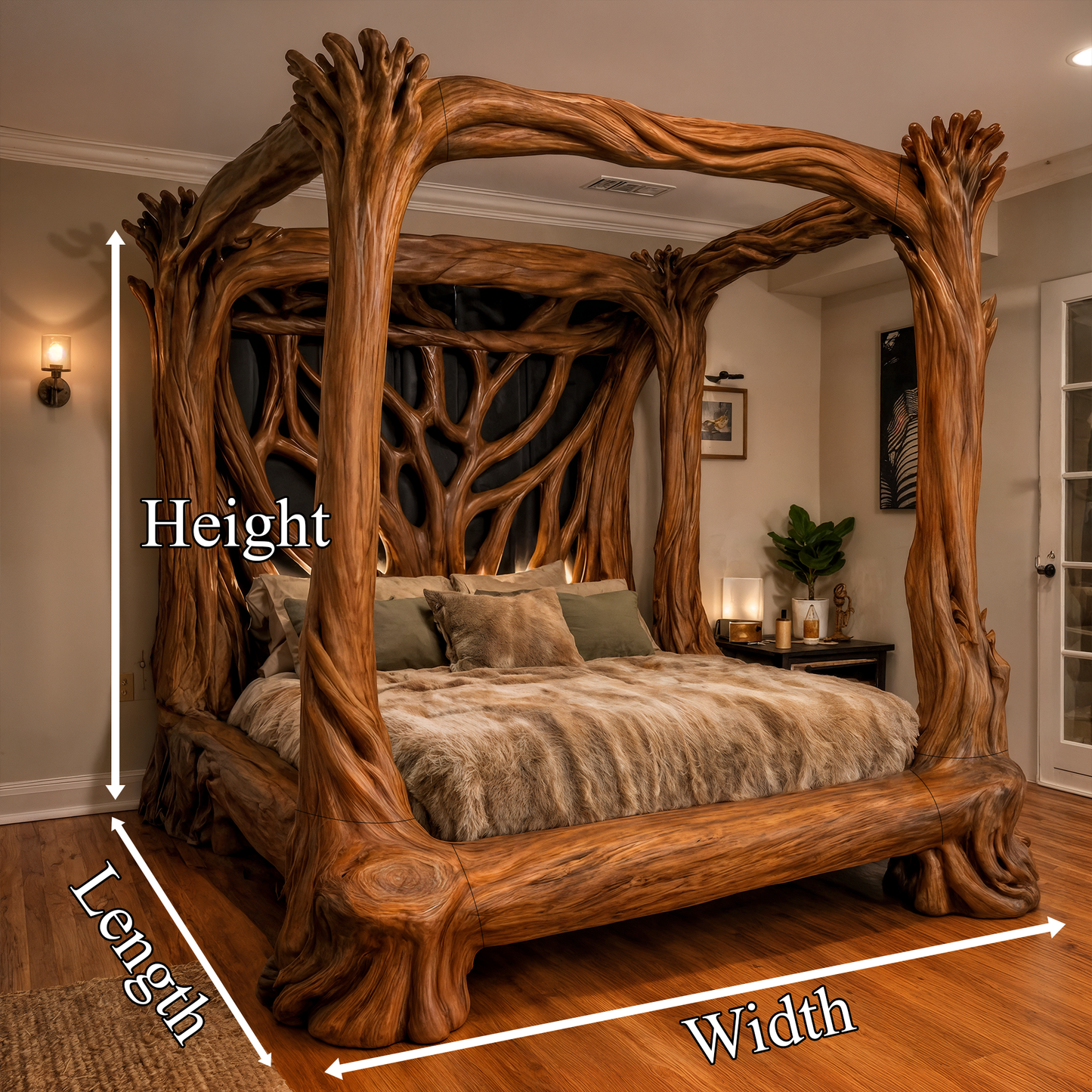 Organic Sculptural Canopy Bed With Handcrafted Tree Branch Wood Frame For Bedroom Decor